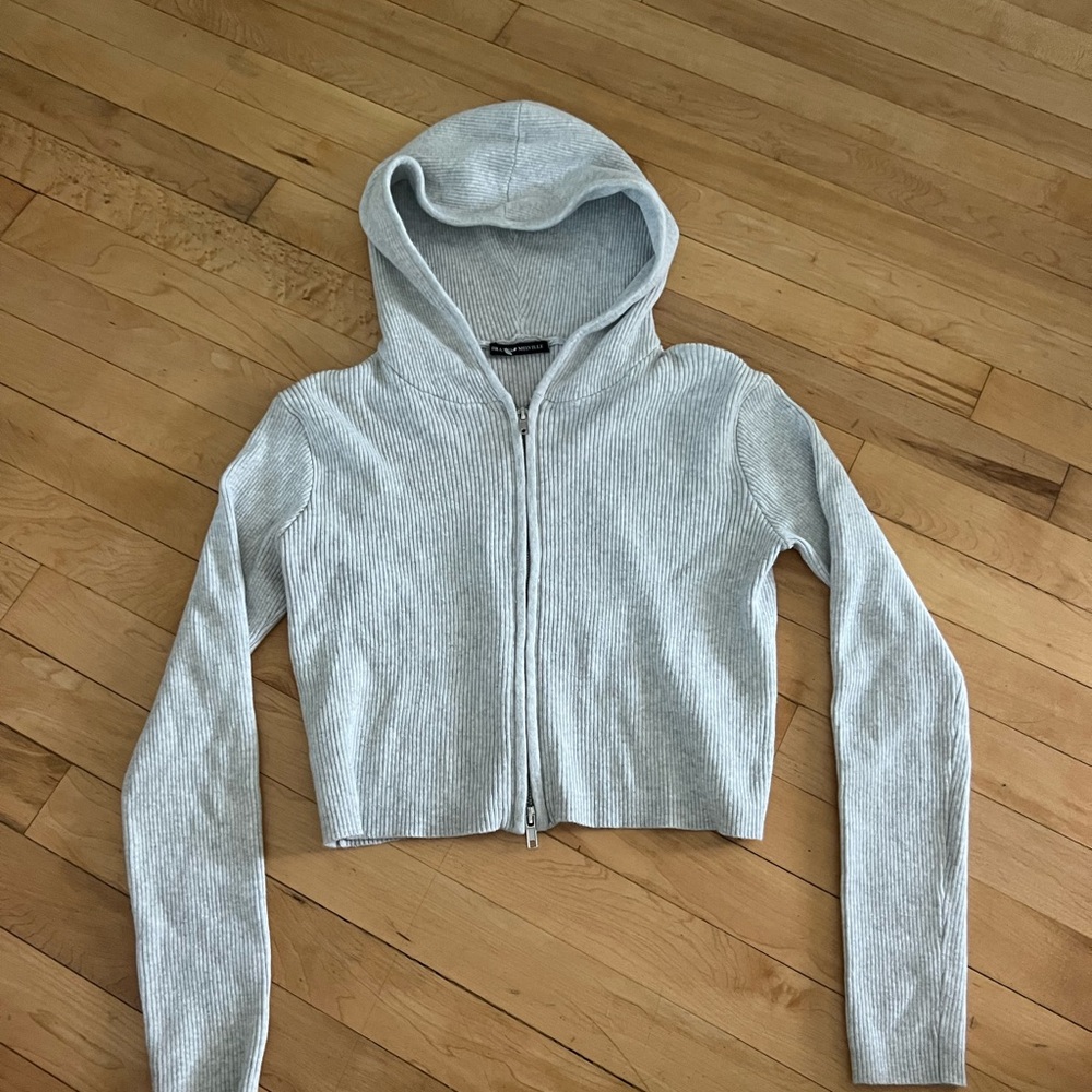 Brandy Melville Gray Women's Hooded Zip-Up Top